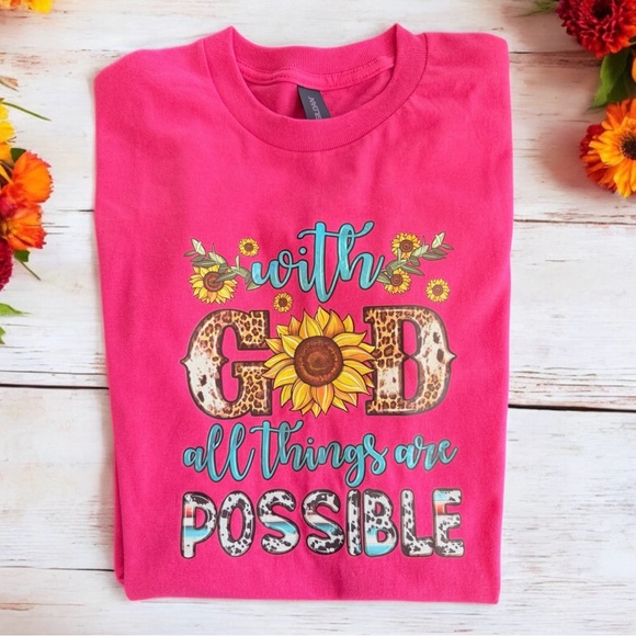 NEW Super Cute Custom Made Short Sleeve Bright Pink Tee - With God All Things - Picture 1 of 1
